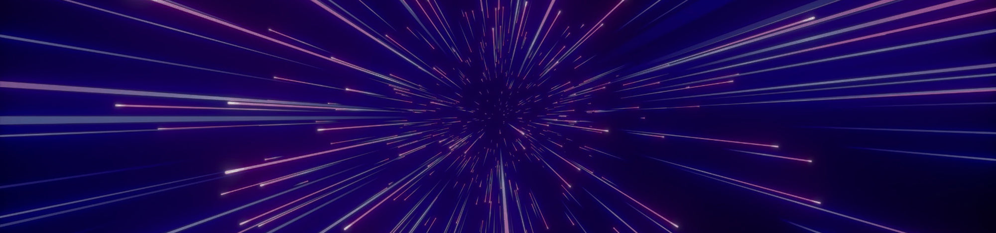 Neon purple and blue light streaks radiating from a central point on a dark background