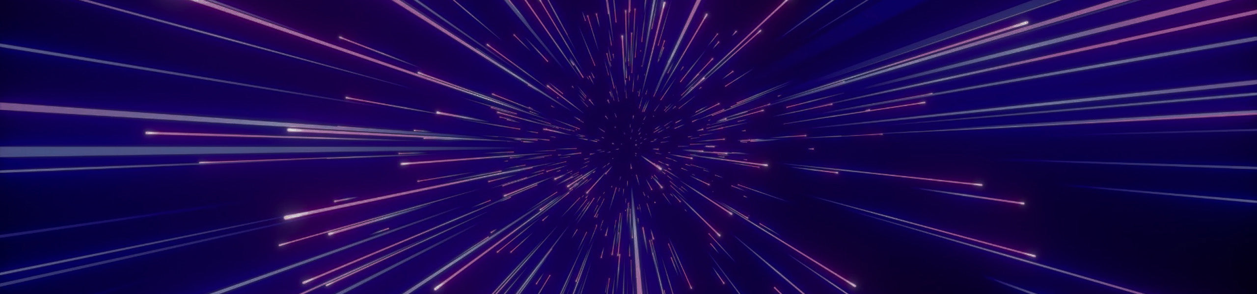Neon purple and blue light streaks radiating from a central point on a dark background