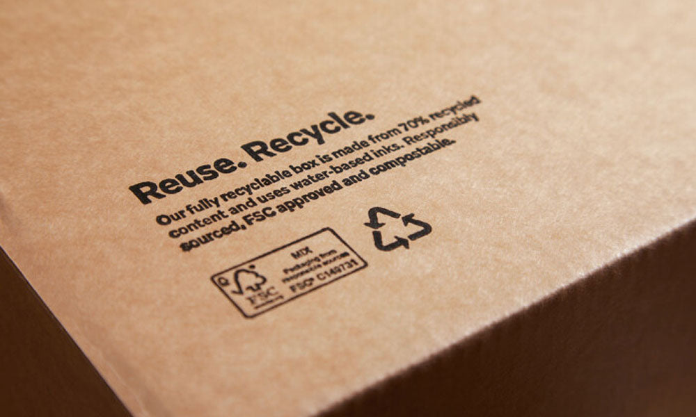 Brown cardboard box with recycling and reuse labels
