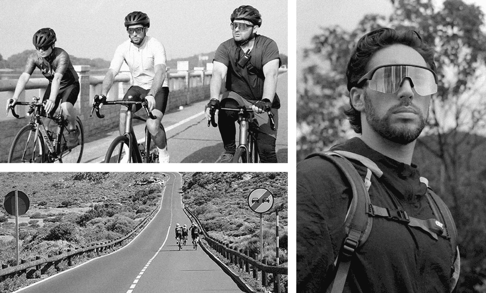 Collage of a cyclist on a road with scenic views and a close-up of a cyclist wearing sunglasses.